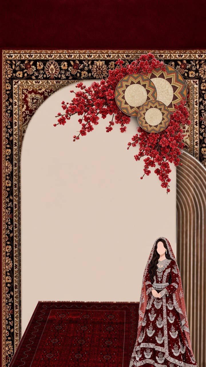 The bride in a burgundy lehenga beneath a cream arch